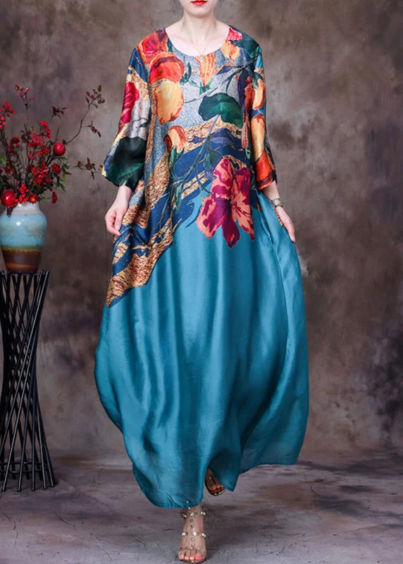 Lake Blue Pockets Print Silk Long Dresses O Neck Half Sleeve Tunics Fashionable chic