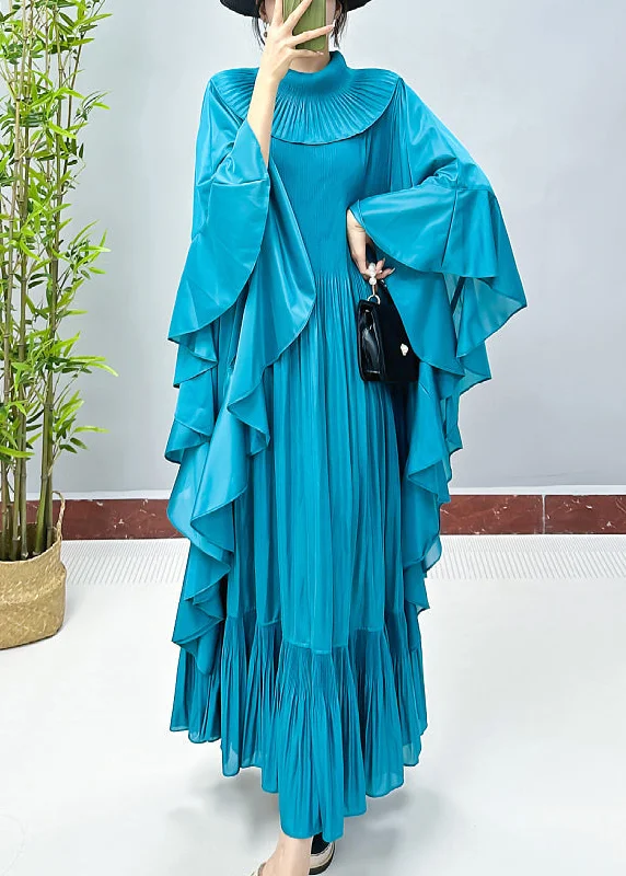 Lake Blue Wrinkled Cotton Long Dress Turtleneck Spring Elegant Long Evening