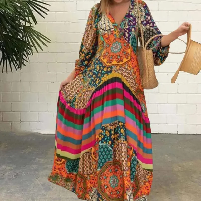 Lantern Sleeve Stitching Design Big Hem Beach Long Dress 2XL B-76613 Boat Neckline Classic
