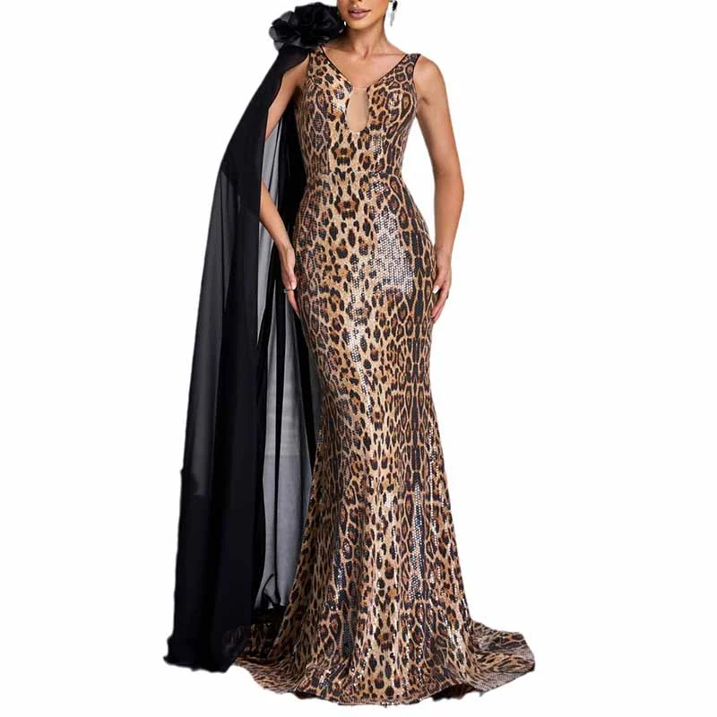 Leopard-Print Gown With Cape V-Neck Prom Dress Boatneck Modish Everyday