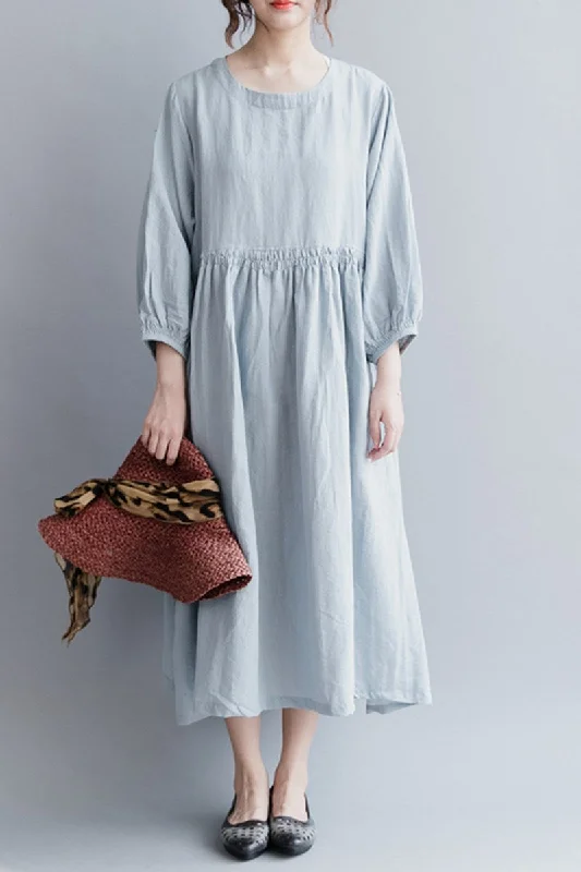 Light Blue Women Long Dresses Cotton Linen Loose Lady Dress Tunics Canvas sturdy