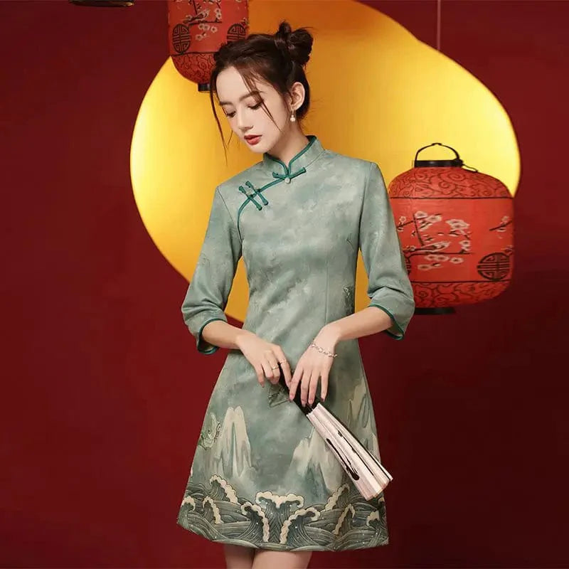 Light Green Landscape Print Cheongsam Dress Tunics Prom sequined
