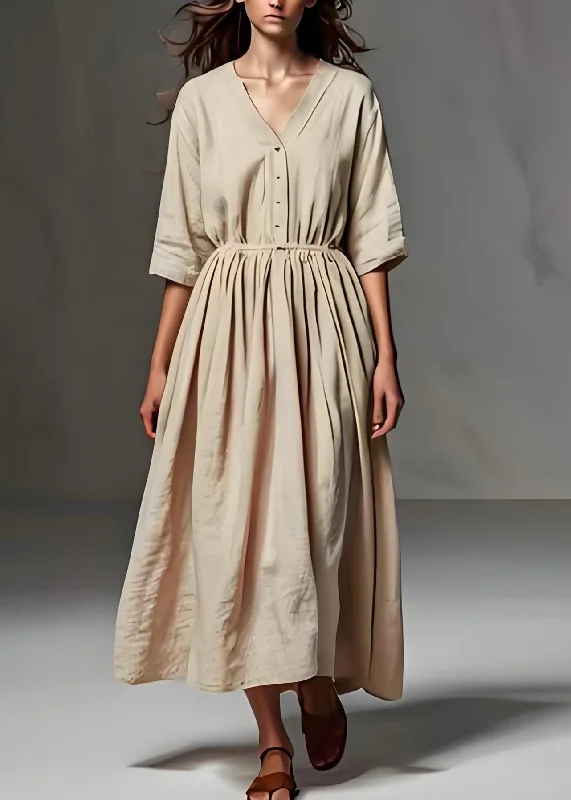 Loose Beige V Neck Wrinkled Patchwork Linen Long Dress Half Sleeve Tunics Stylish modern