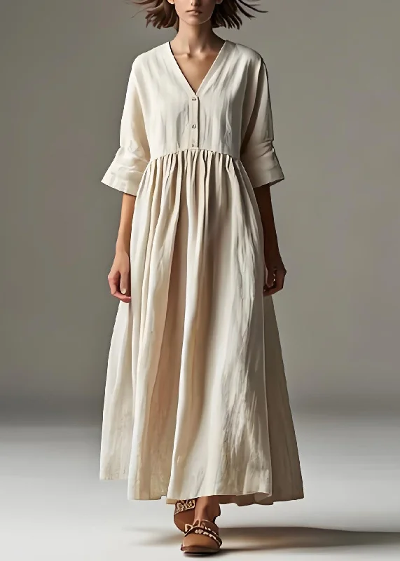 Loose Beige V Neck Wrinkled Patchwork Linen Long Dresses Summer Tunics Cozy comfortable