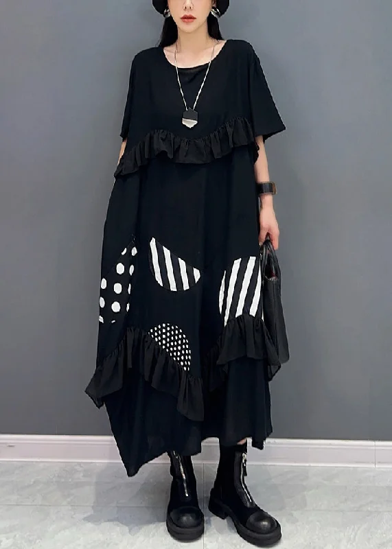 Loose Black Ruffled Print Cotton Long Dresses Summer Tunics Yoga stretchy