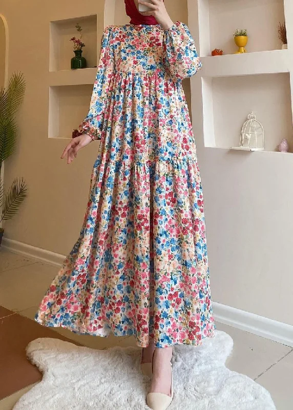 Loose Blue Print High Waist Cotton Long Dresses Spring Tunics Sophisticated sleek