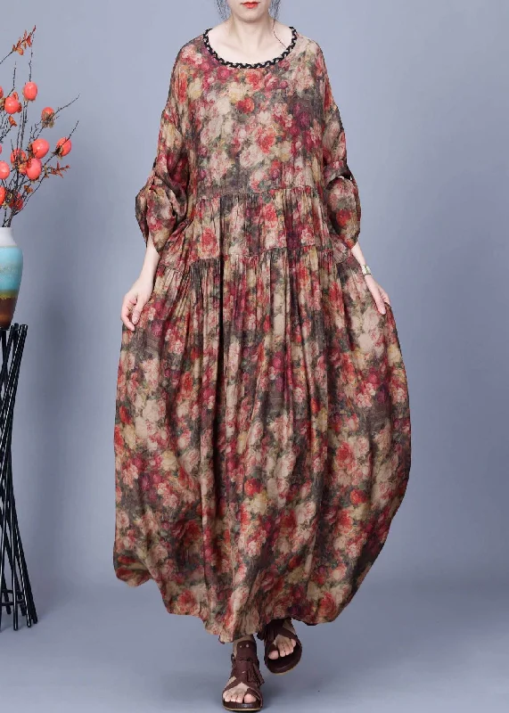 Loose Coffee O Neck Print Wrinkled Silk Long Dress Spring Tunics Recommended stylist