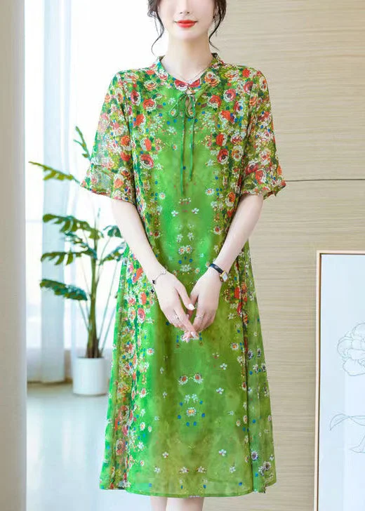 Loose Green Lace Up Print Silk Long Dresses Summer Tunics Wedding white