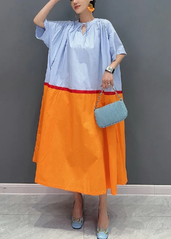 Loose Orange Lace Up Patchwork Cotton Long Dresses Summer Tunics Travel practical