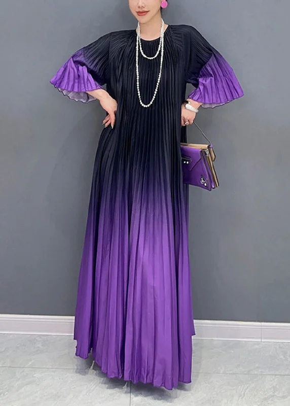 Loose Purple Gradient O Neck Wrinkled Cotton Long Dress Summer Tunics Evening elegant
