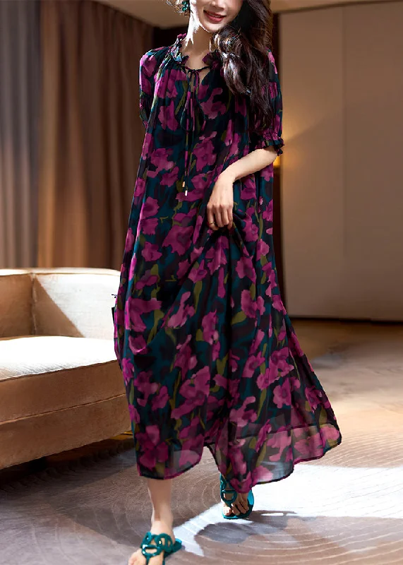 Loose Purple Print Ruffled Lace Up Chiffon Long Dresses Summer Tunics Prom sequined