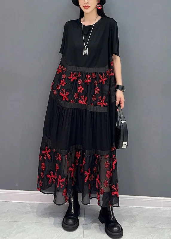 Loose Red Embroidered Patchwork Cotton Long Dress Summer Tunics Gym athletic