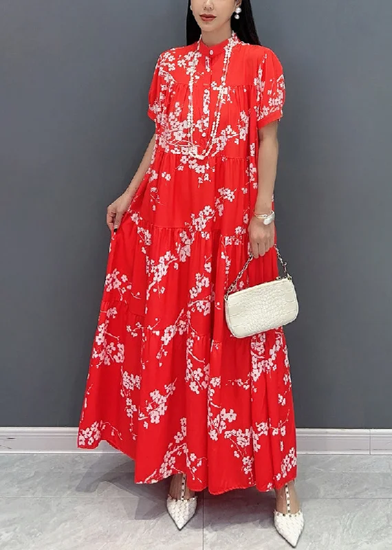 Loose Red Stand Collar Print Patchwork Long Dresses Summer Tunics Velvet soft