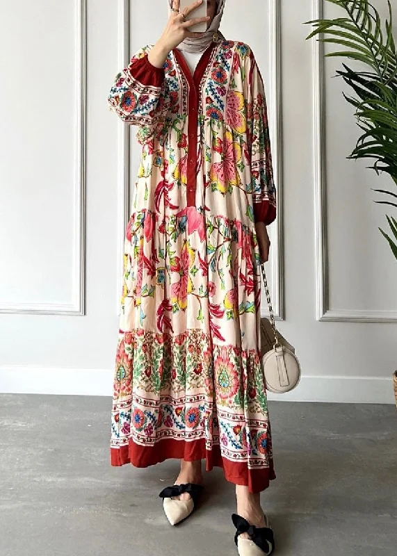 Loose Red V Neck Button Print Cotton Long Dress Long Sleeve Tunics Stylish elegant