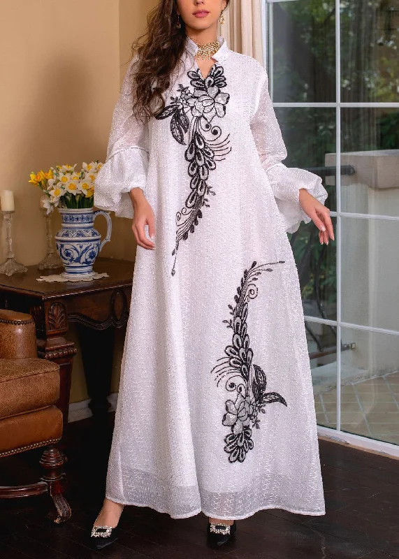 Loose White Embroidered Tie Waist Long Dresses Puff Sleeve Tunics Stylish modern