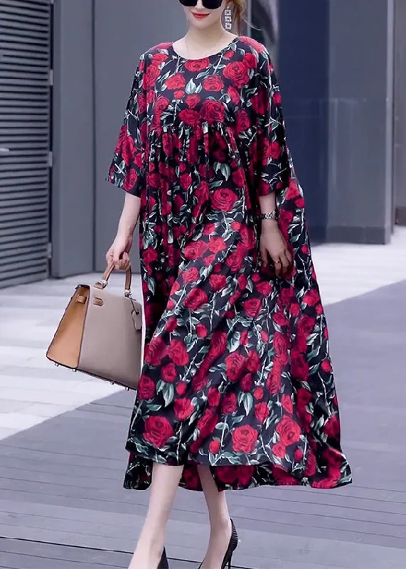 Loose Wine Red Print O Neck Silk Long Dresses Half Sleeve Tunics Formal black