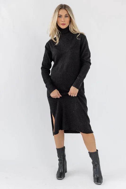 Lorene Black Sweater Midi Dress - Final Sale Silk Blend Satin Velvet
