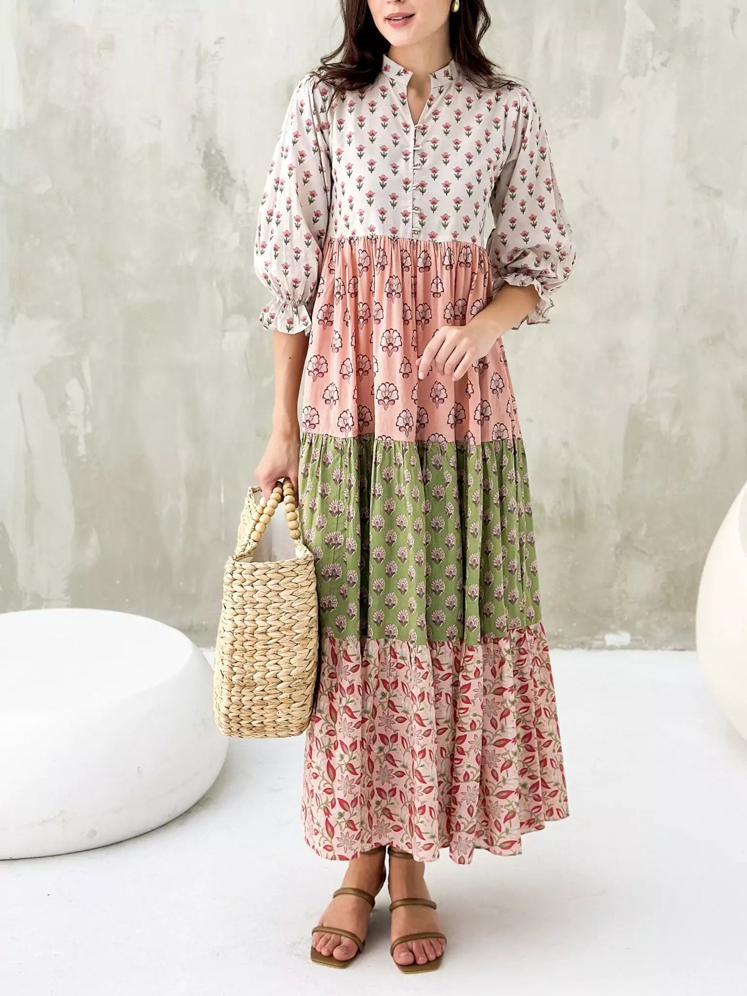Martie Floral Long Dress Crew Neckline Sporty