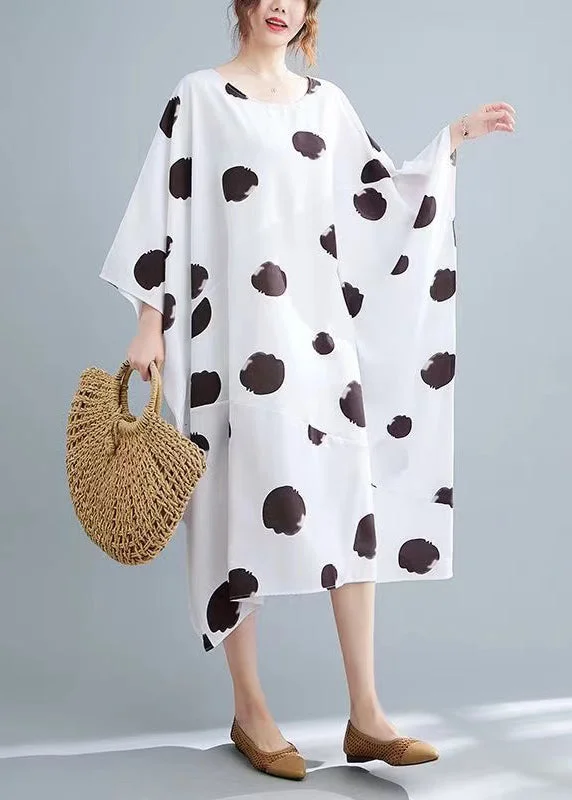 Modern White Print Long Dress Long Sleeve Boatneck Modish Everyday