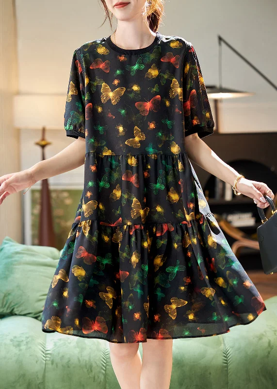 Natural Black Print Patchwork Chiffon Long Dresses Summer Cowl Neckline Elegant