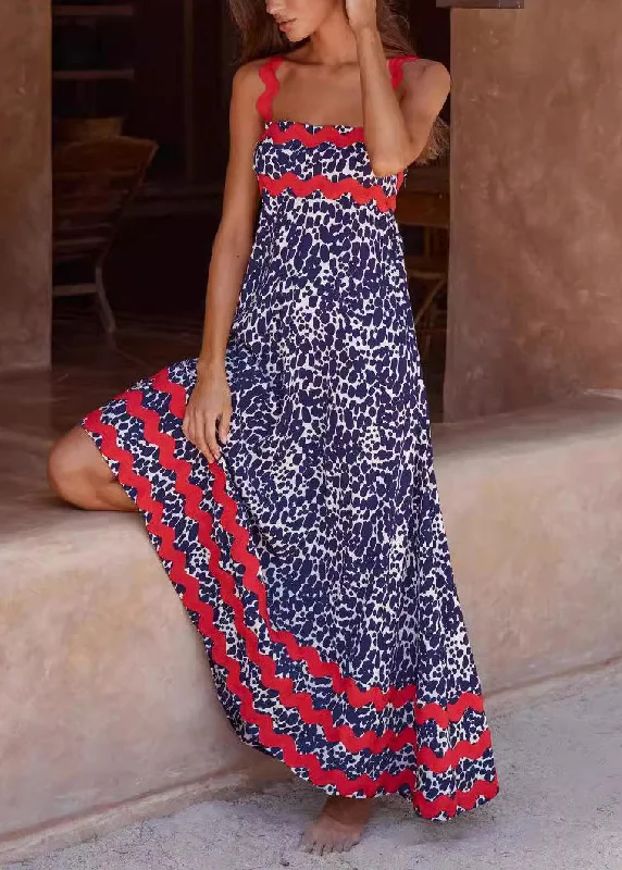 Navy High Waist Patchwork Cotton Dress Print Summer Tunic Top Casual
