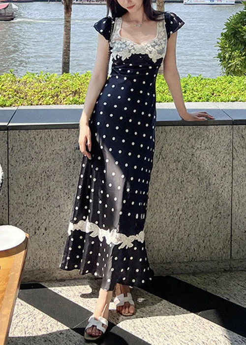 New Black Print Lace Patchwork Long Dresses Summer Shift Classic Vintage