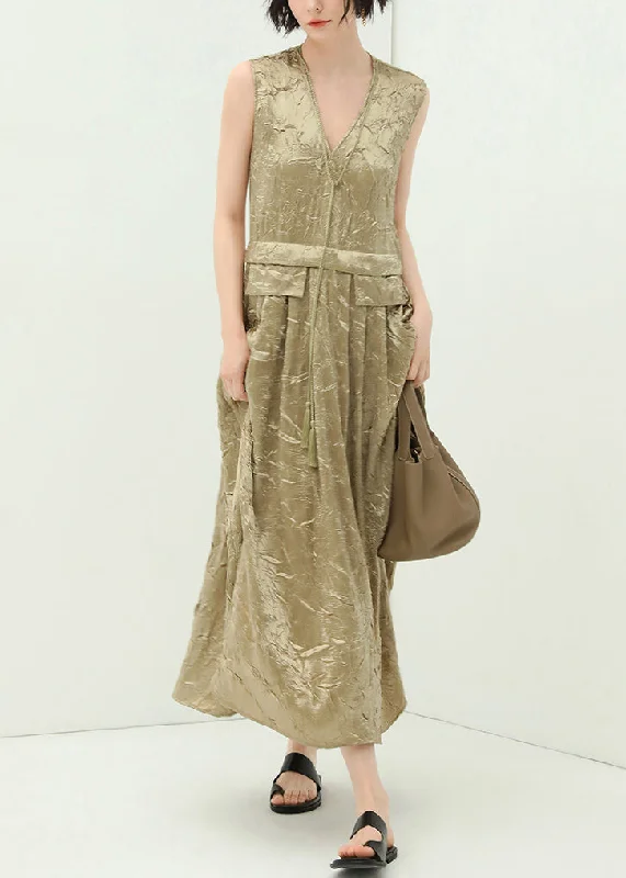 New Champagne V Neck Tasseled Silk Long Dresses Sleeveless Tunics Trendy modern