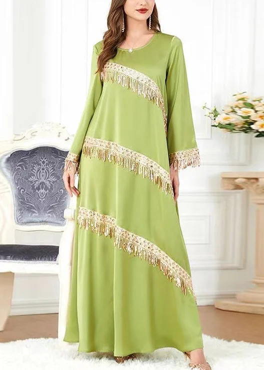 New Green O-Neck Tasseled Cotton Long Dress Spring Tunics Versatile all-occasion