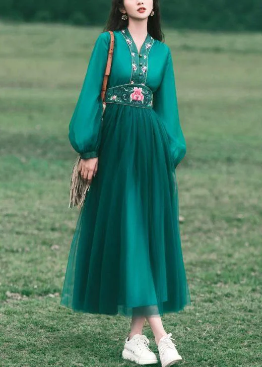 New Green V Neck Embroidered Tulle Long Dress Spring Tunics Bestseller popular