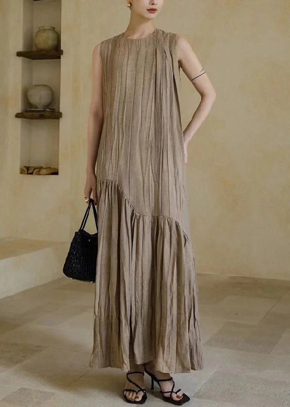 New Khaki Solid Wrinkled Patchwork Cotton Long Dresses Sleeveless Tunics Fall fleece