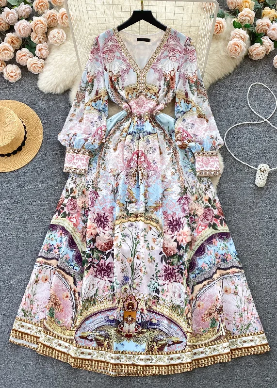 New Light Blue V Neck Print Cotton Long Dresses Fall Crew Neckline Casual