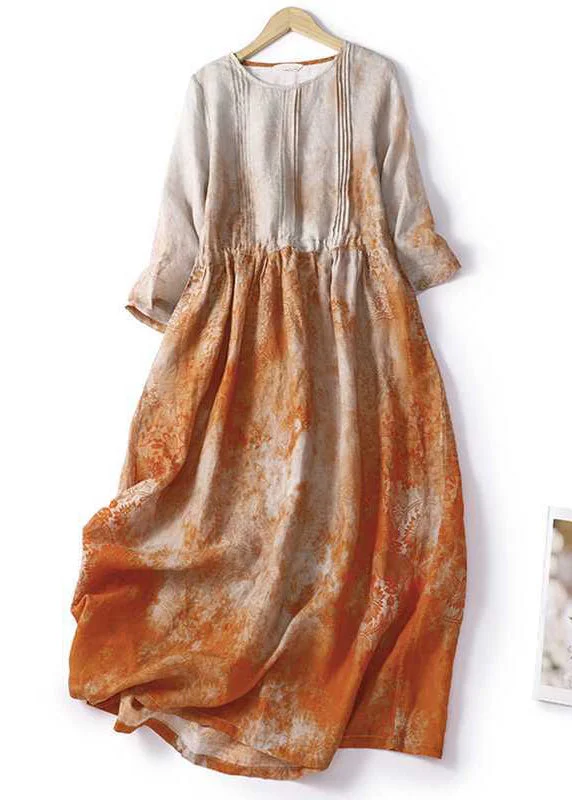 New Orange Print Lace Up Pockets Cotton Long Dress Half Sleeve Tunics Silk luxurious