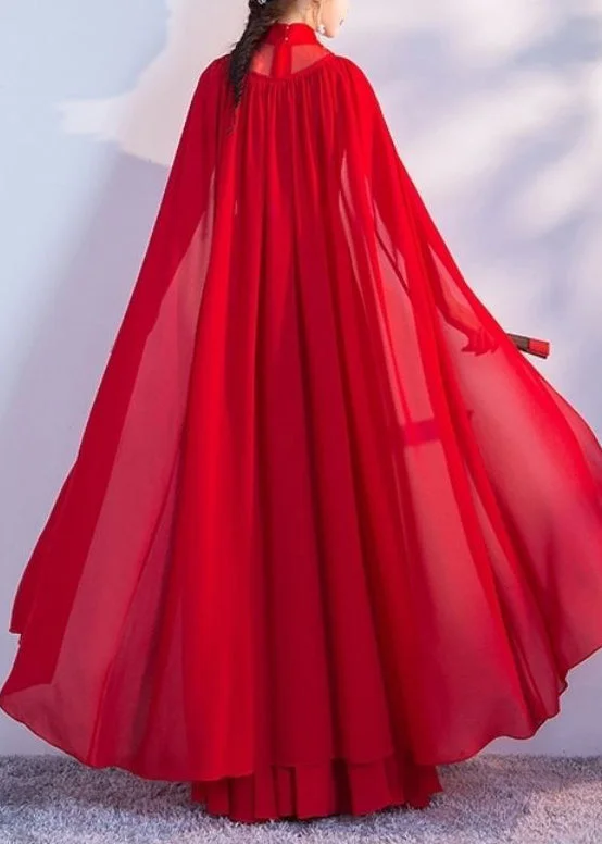 New Red Solid Lace Up Chiffon Cape Dress Summer Floral Print girly