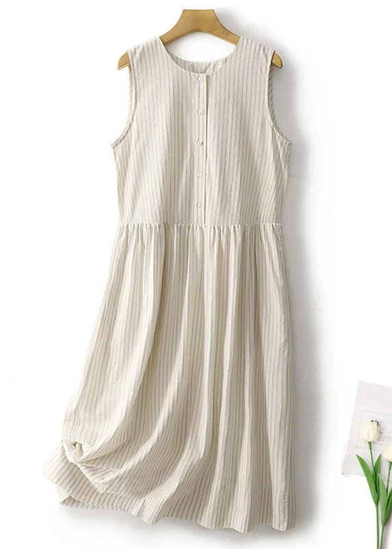 New Striped O Neck Button Cotton Long Dresses Sleeveless Tunics Mesh breathable