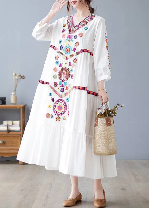 New White V Neck Embroidered Cotton Long Dresses Spring Tunics Satin smooth