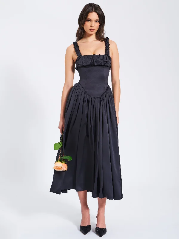 Noreen Black Satin Drop Waist Maxi Sundress Casual Short Summer