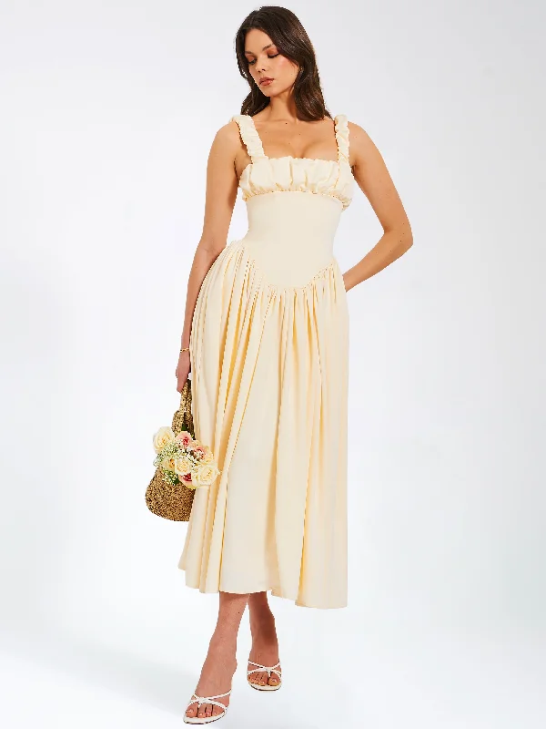 Noreen Egg White Satin Drop Waist Maxi Sundress empire Waist empire