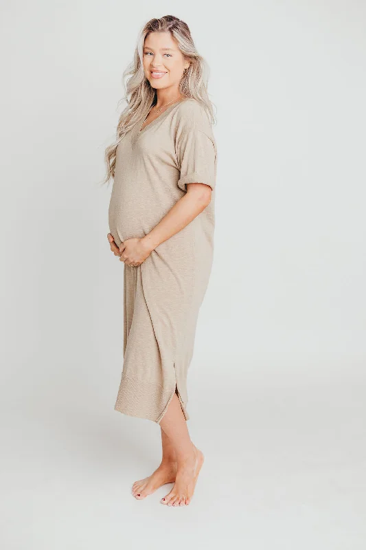 Off Road Midi Sweater Dress in Linen - Bump Friendly Glossy Satin Silk