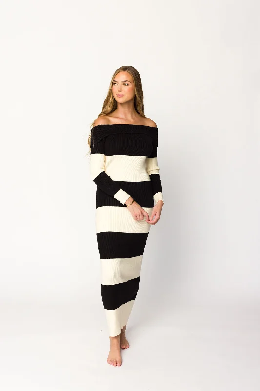 Rowan Off-the-Shoulder Sweater Knit Maxi Dress in Black/Cream Velvet Chenille Corduroy