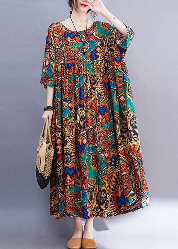 Orange Print Wrinkled Long Dresses Short Sleeve Halter Neckline Beach