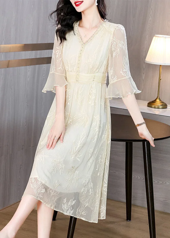 Organic Beige V Neck Embroidered Silk Long Dress Butterfly Sleeve Tunics Luxurious high-end