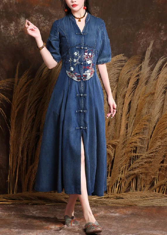 Organic Denim Blue V Neck Embroidered Patchwork Long Dresses Short Sleeve Halter Neckline Beach