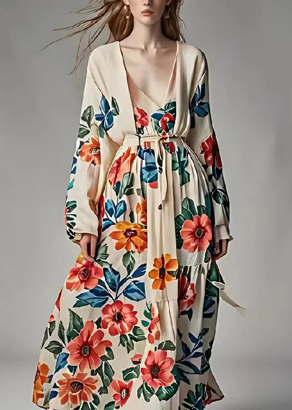 Original Design Khaki V Neck Print High Waist Cotton Dress Fall Tunics Favorite customer