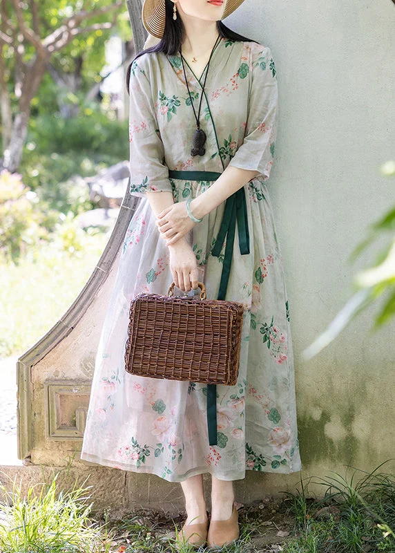 Original Design V Neck Print Tie Waist Patchwork Linen Dress Summer Tunics Cozy soft