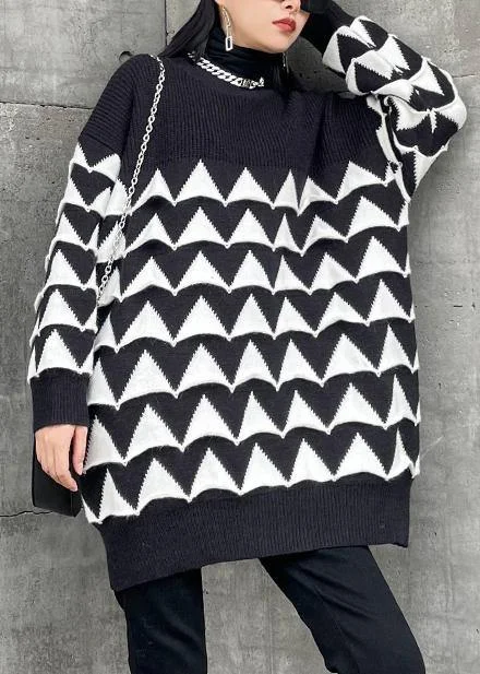 Oversized black Geometric knit top silhouette o neck plus size sweaters Spandex Blend Rayon Blend Denim Blend