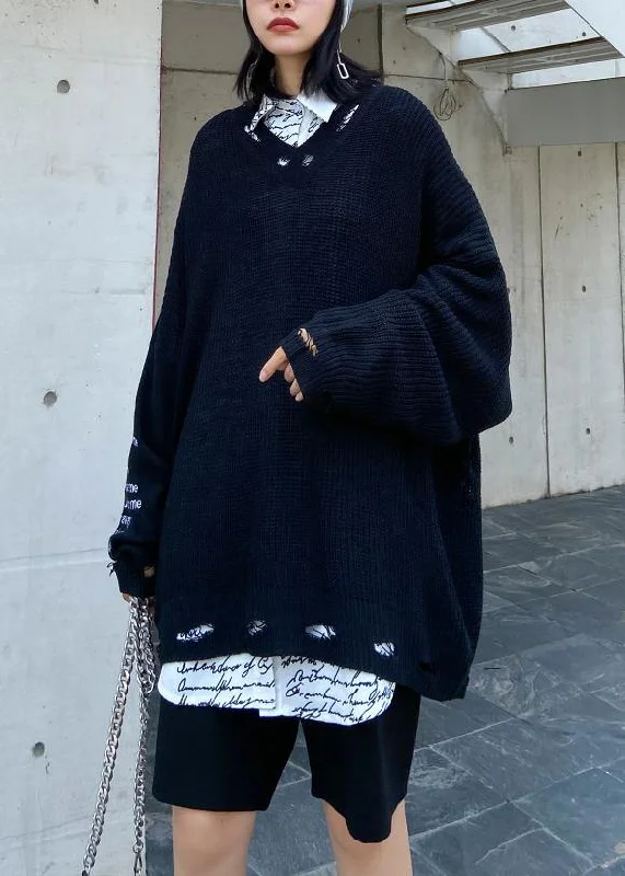 Oversized black Letter knit tops v neck fall fashion sweaters Modern Contemporary Chic Oversized black Letter knit tops v neck fall fashion sweaters Modern Contemporary Chic
