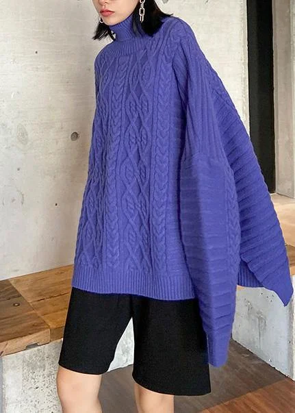 Oversized blue Sweater Blouse high neck thick casual knit sweat tops Seamless Knitted Crochet Oversized blue Sweater Blouse high neck thick casual knit sweat tops Seamless Knitted Crochet