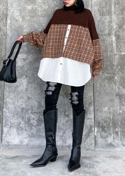 Oversized chocolate Sweater Blouse lapel patchwork plus size spring knit tops Cotton Fabric Linen Fabric Terry Fabric