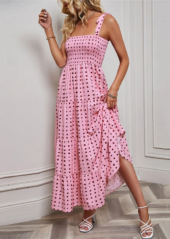 Pink Print Cotton Spaghetti Strap Dress Elastic Waist Summer Crew Neckline Sporty