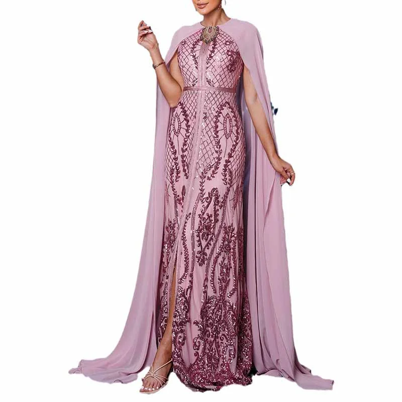 Pink Sequin Embellished Collar Cape Sleeve Prom Dress Event Ball Gown Maxi Flowy Bohemian